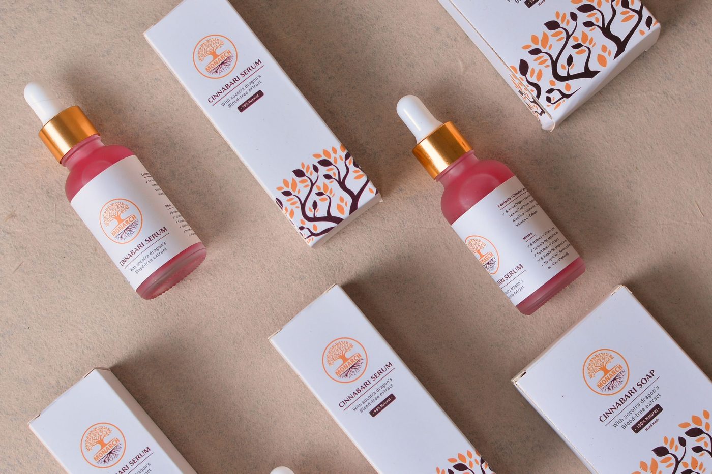Skincare products in amber bottles with simple labels