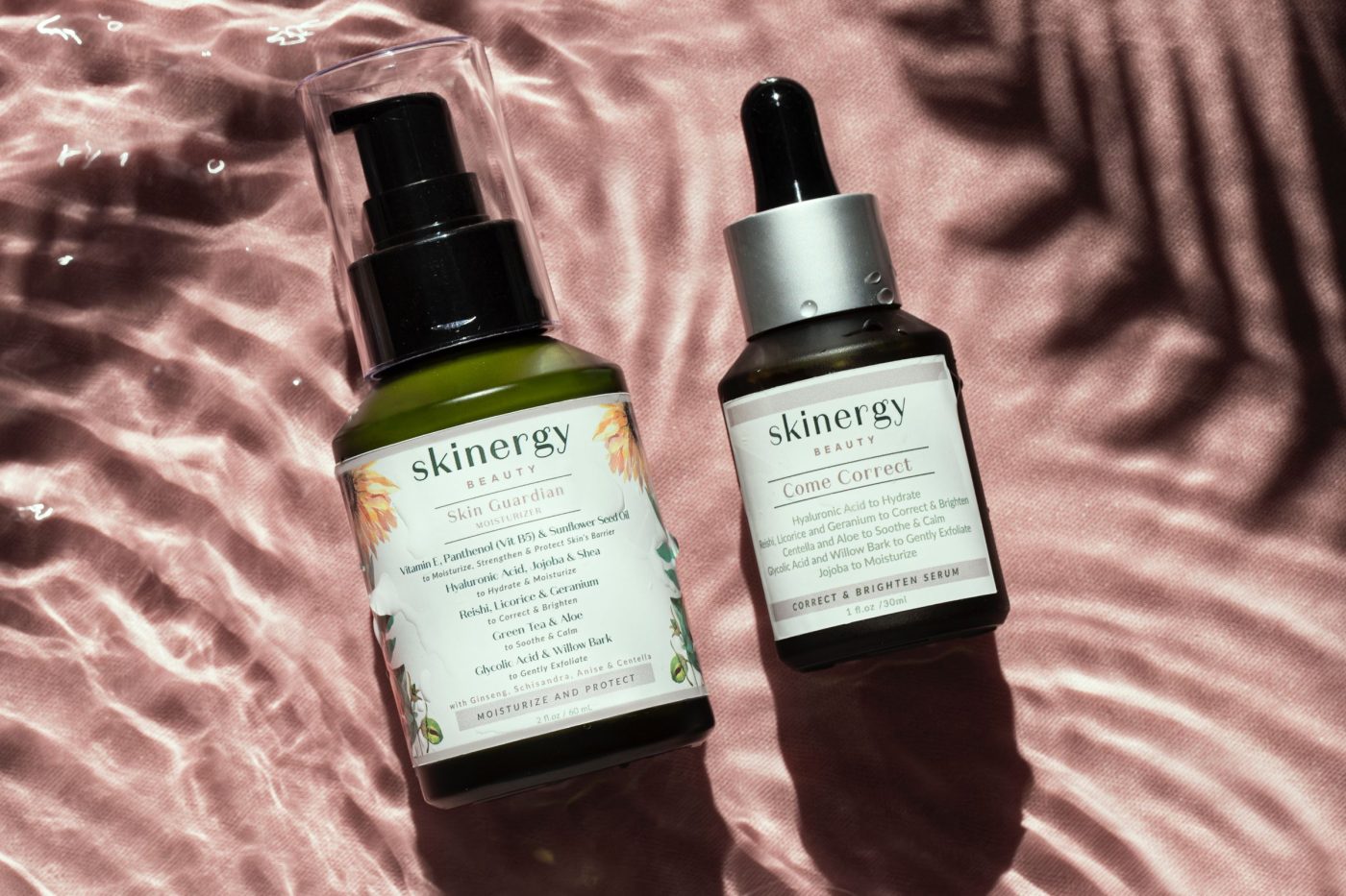 Beauty products in bottles with minimal labels